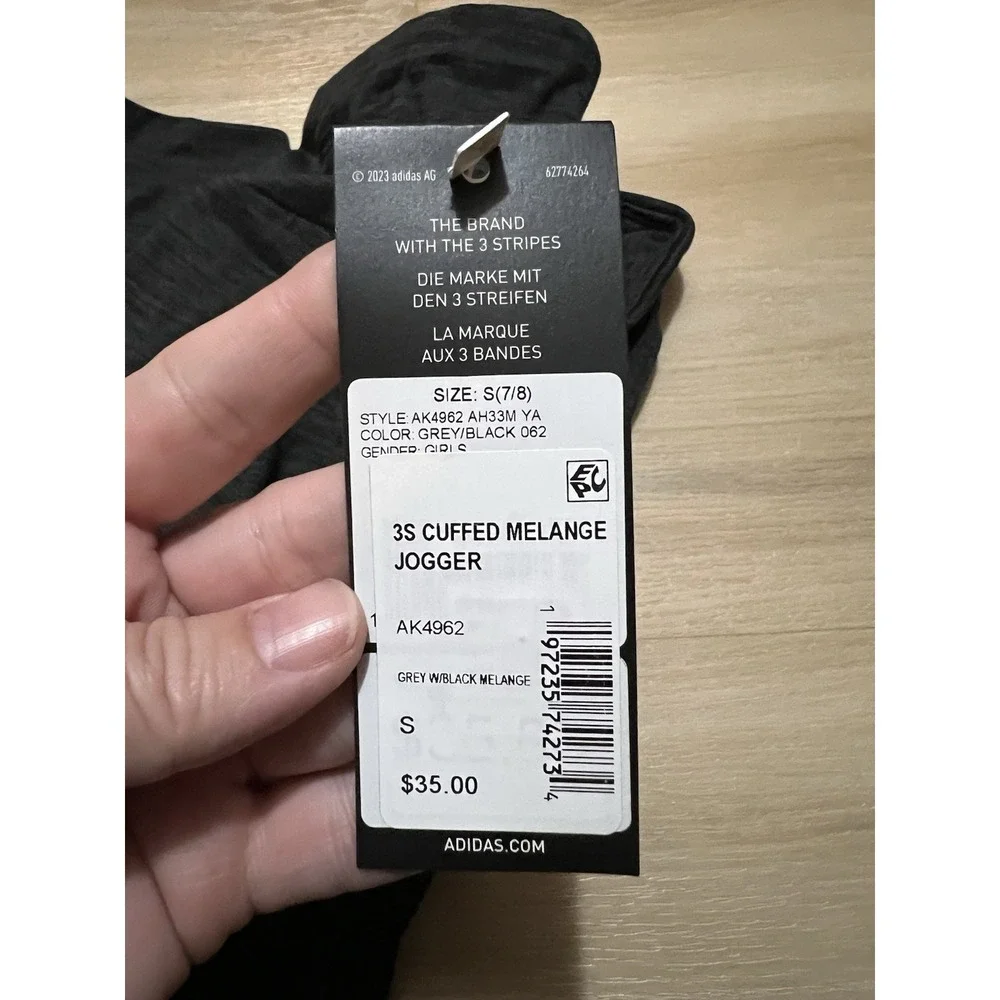 NWT Adidas Girls 3 Striped Cuffed Melange Jogger Pants Grey/Black‎ Sz Small 7/8